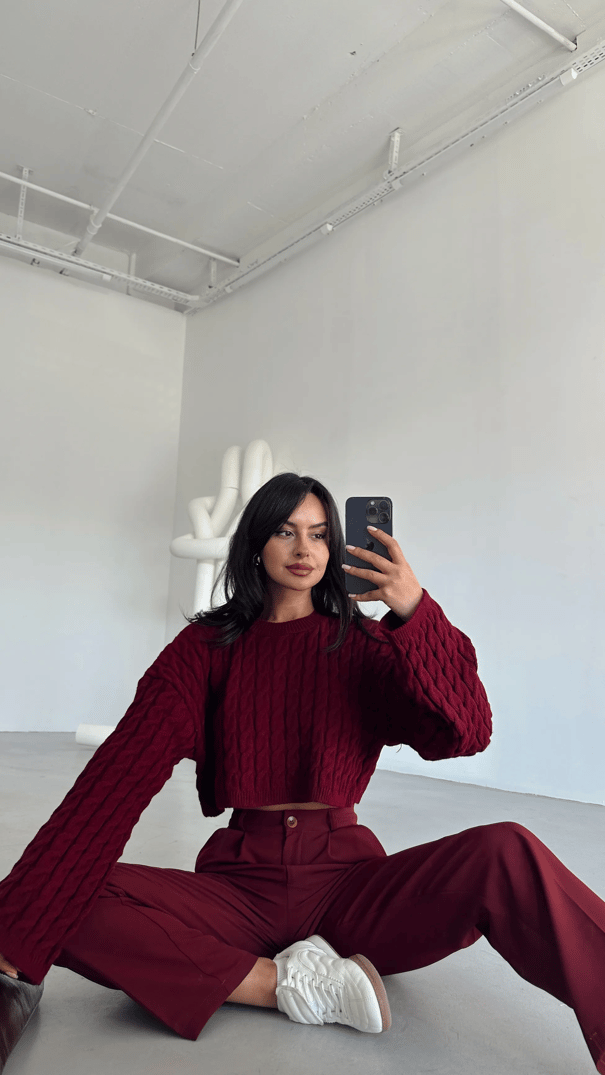 Saç Örgü Triko Crop Kazak Bordo - Bordo