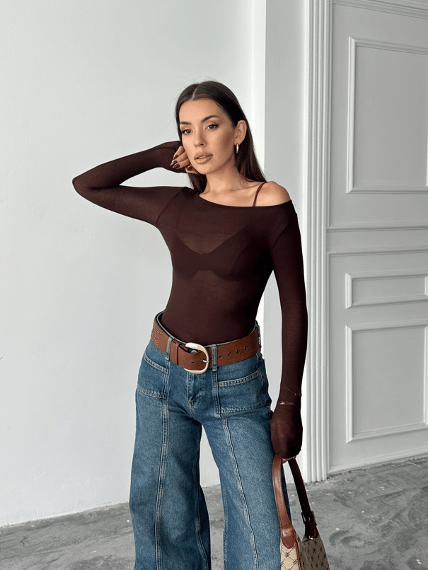 Kayık Yaka Transparan Bluz  - Kahverengi