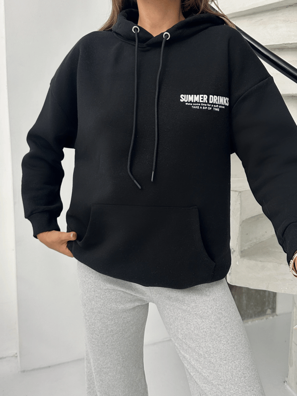 Baskılı Kapüşonlu Oversize Sweat - Siyah