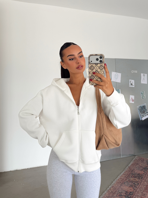 Fermuarlı Cepli Sweat - Beyaz