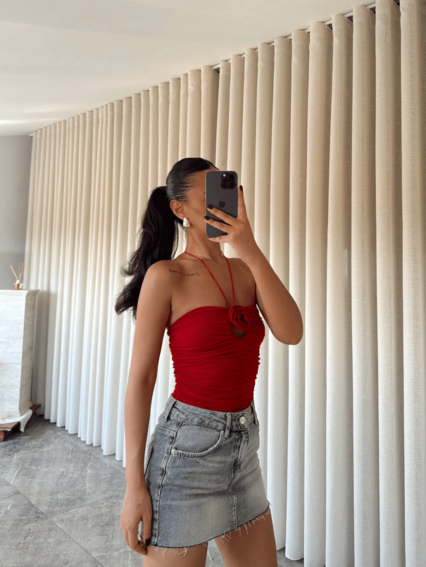 Milla Gül Detay Boyundan Bağlamalı Bodysuit Kırmızı - Kırmızı
