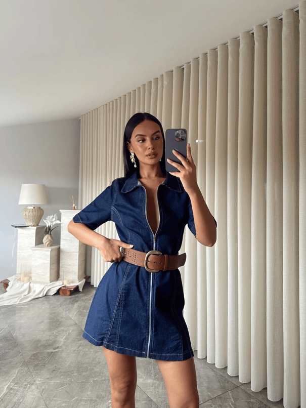 Fermuarlı Denim Elbise  - Lacivert