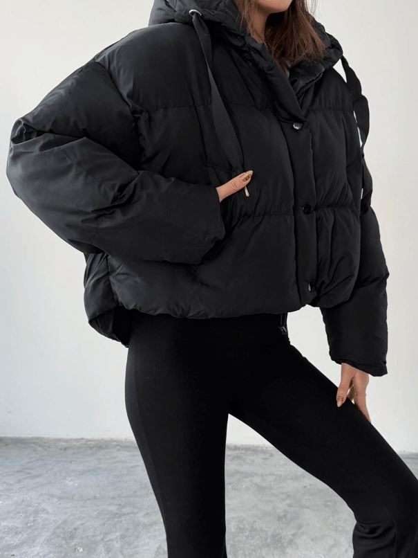 Oversize Kapüşonlu Şişme Mont - Siyah