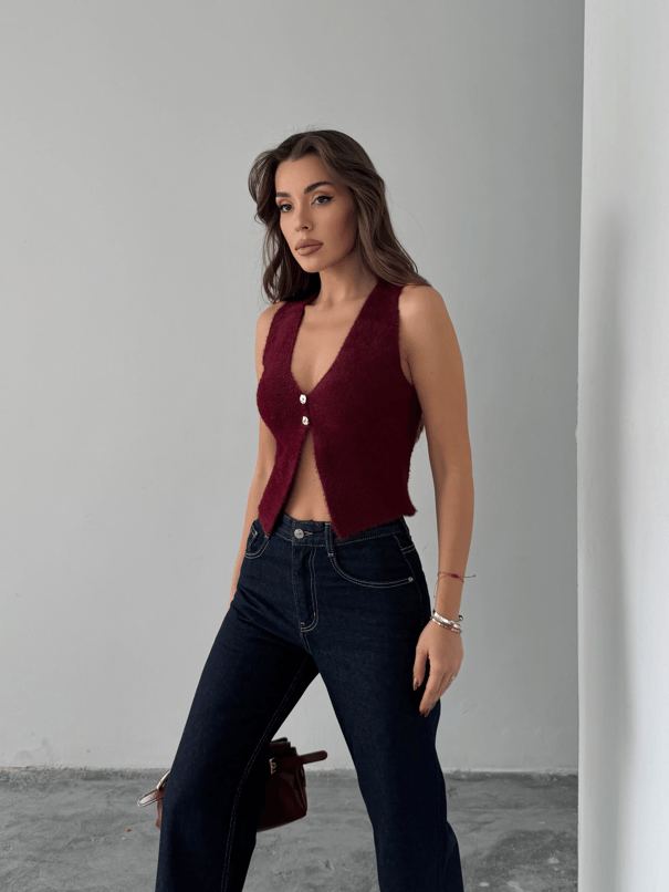 İki Düğmeli Yumoş Yelek - Bordo