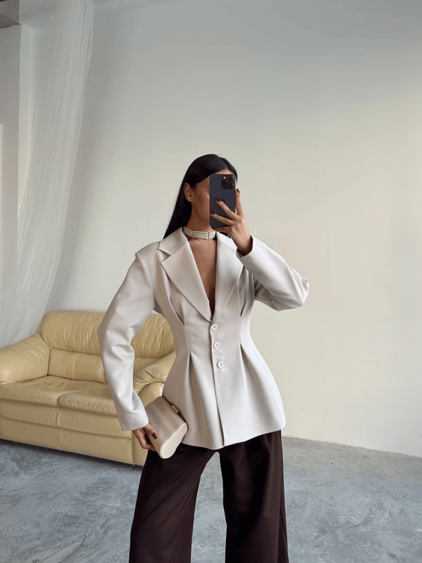 Pile Detay Oturtmalı Blazer Ceket  - Taş
