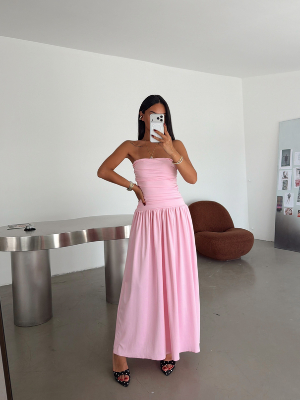 Guloplu Straplez Elbise - Pembe