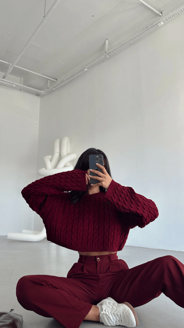 Saç Örgü Triko Crop Kazak Bordo - Bordo