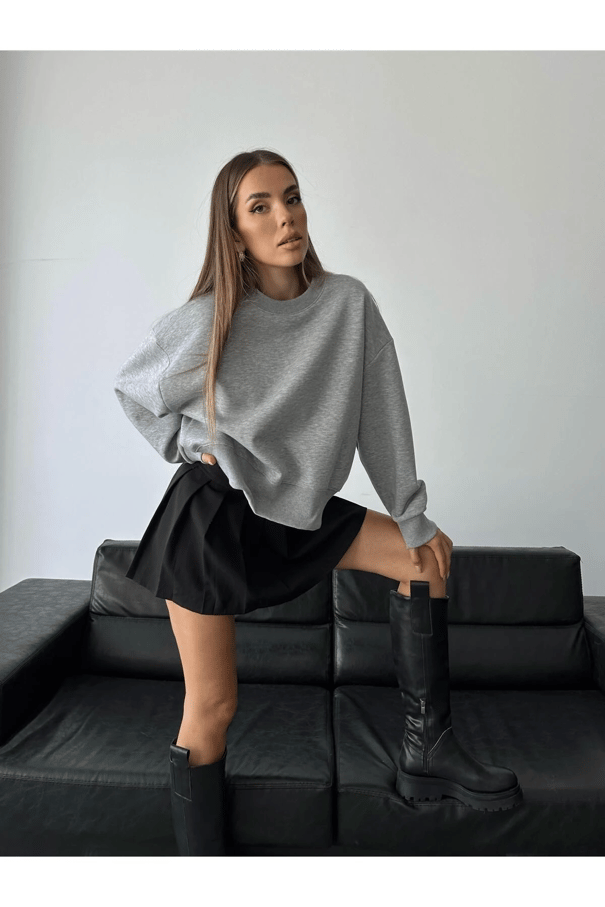 Sage Bisiklet Yaka Sweatshirt Gri - Gri