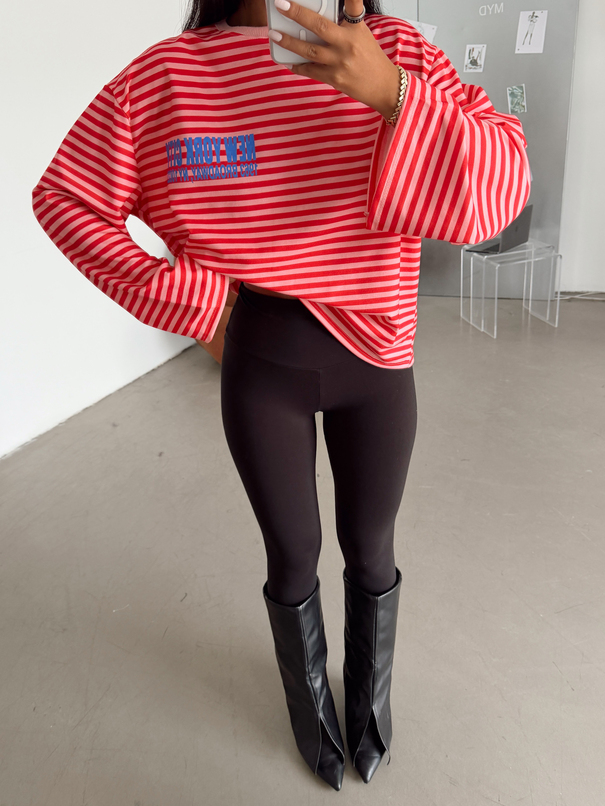 İnce Çizgili New York Baskılı Sweat - Kırmızı-Pembe