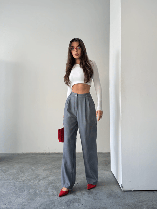 Yünefekt Çizgili Palazzo - Gri
