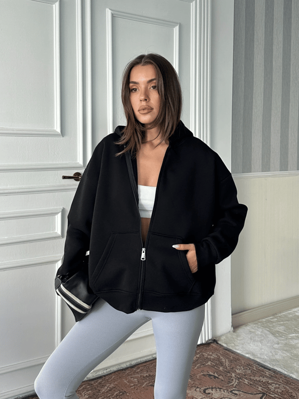 Fermuarlı Cepli Sweat - Siyah