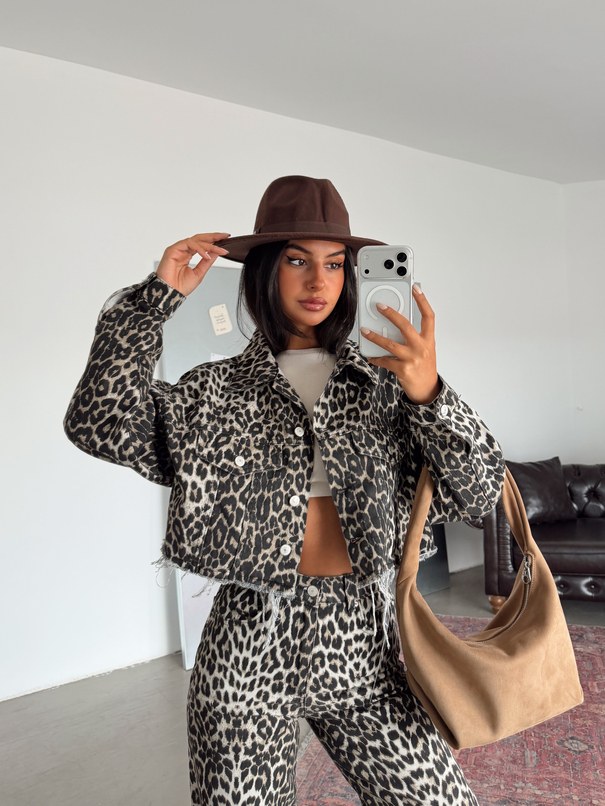 Desenli Crop Kot Ceket - Leopar