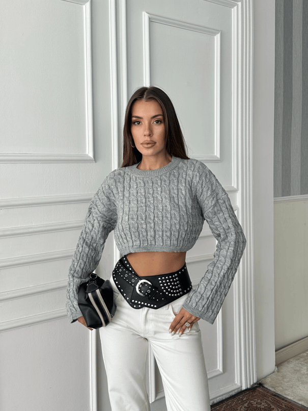 Saç Örgü Triko Crop Kazak Gri - Gri