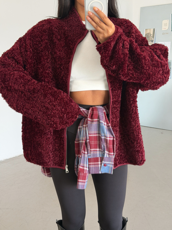 Peluş Dokulu Fermuarlı Ceket - Bordo