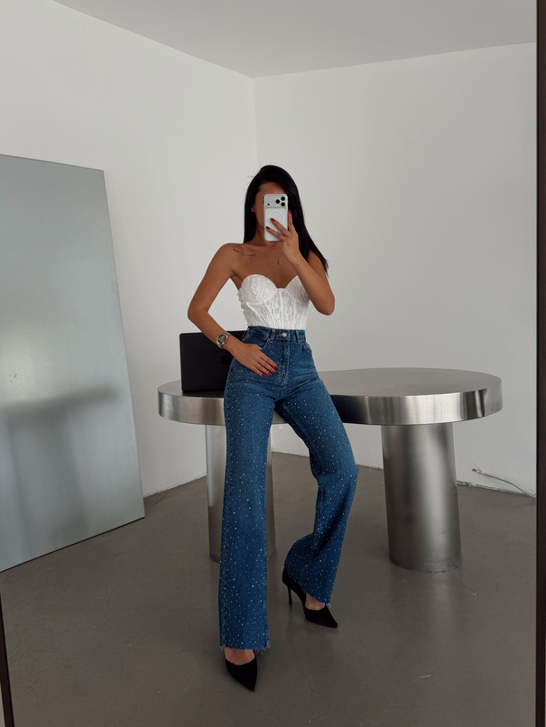 Premium Parlak Taş Detaylı Jean  - Mavi