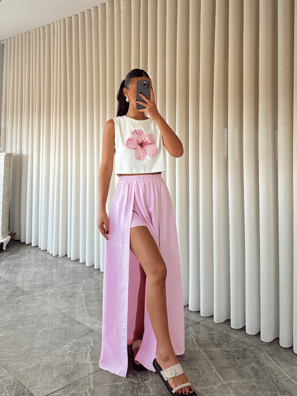 İçi Şortlu Derin Yırtmaç Maxi Etek - Pembe