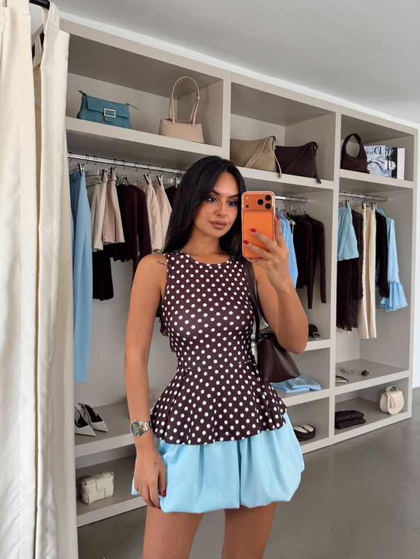 Puantiye Desenli Volan Bluz - Kahve