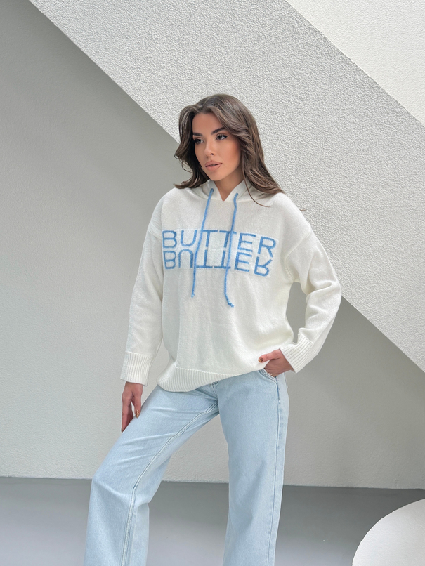 Kapüşonlu Butter Triko Kazak - Beyaz