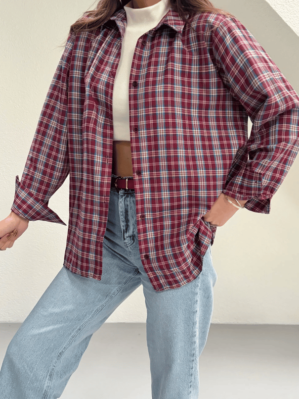 Kareli Oversize Gömlek - Bordo