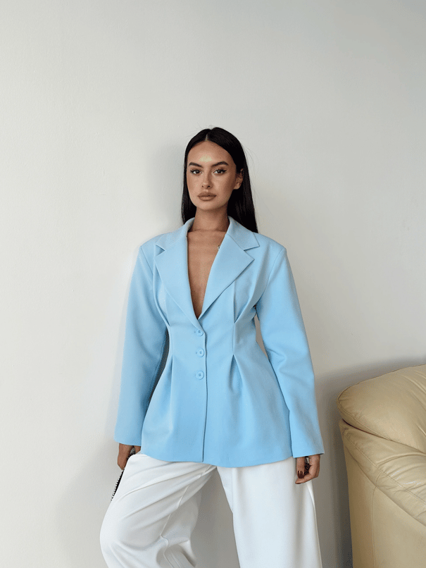 Pile Detay Oturtmalı Blazer Ceket  - Mavi