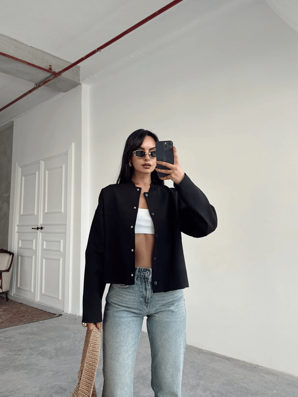 Yaka Ribana Cıt Cıt Detay Ceket Siyah - Siyah