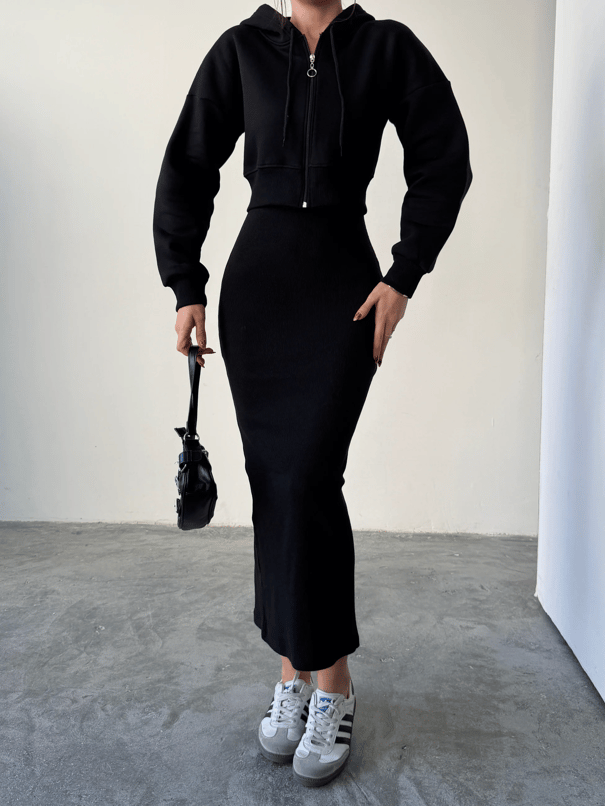 Fermuarlı Sweat Elbise Takım  - Siyah