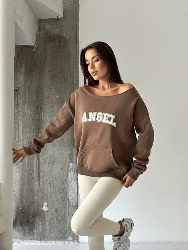Angel Nakışlı Kayık Yaka Sweat - Kahve