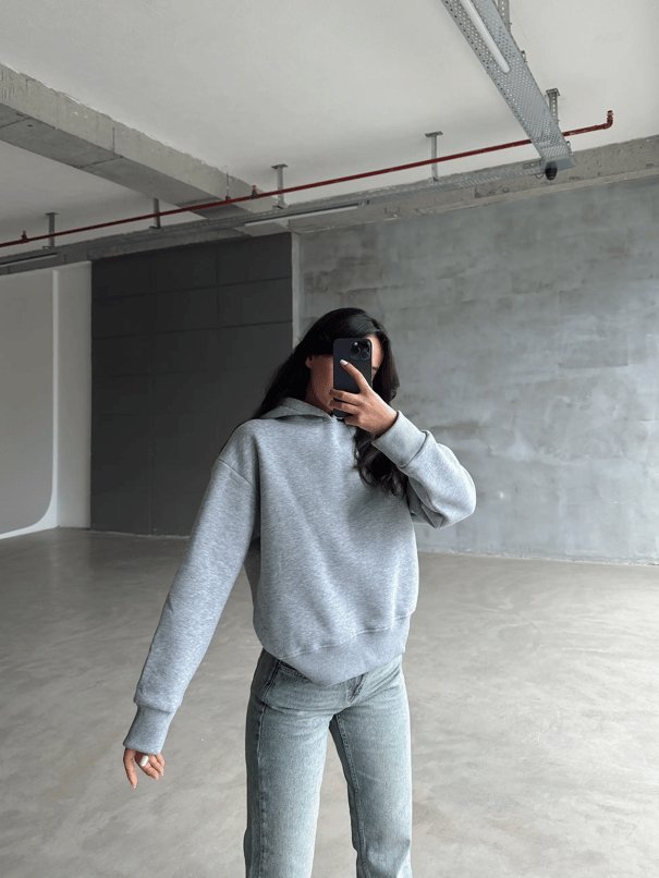 Kapüşonlu Sweatshırt Gri Melanj - Gri