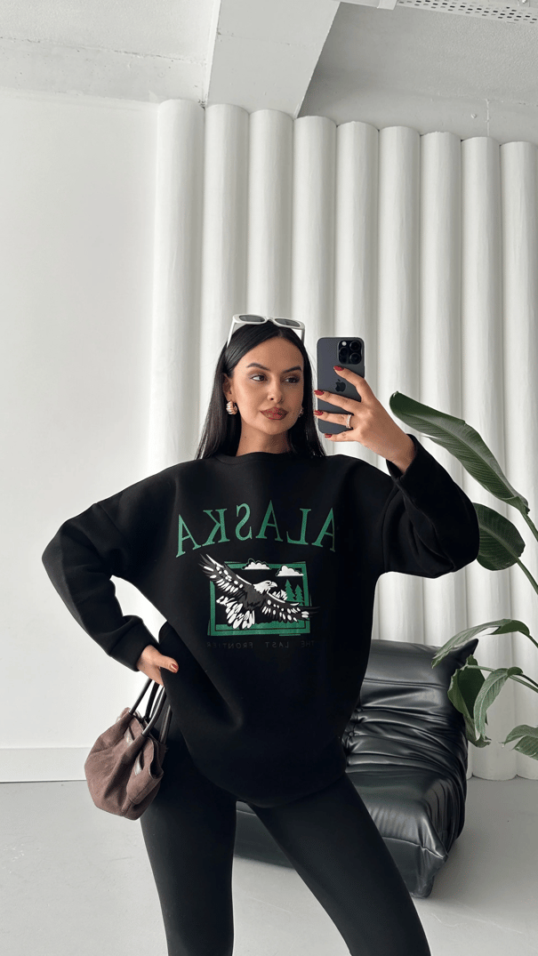 Alaska Üç İplik Şardonlu Oversize Sweat Siyah - Siyah