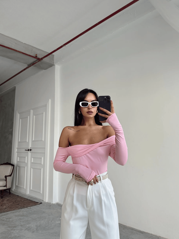 Yaka Katlama Bluz  - Pembe