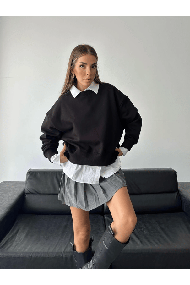 Sage Bisiklet Yaka Sweatshirt Siyah - Siyah