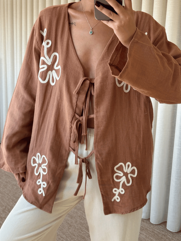 Nakışlı Kimono Takım  - Kahve