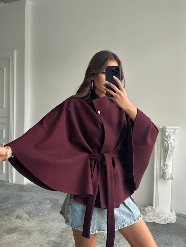 Kaşe Kuşaklı Pelerin Kaban - Bordo