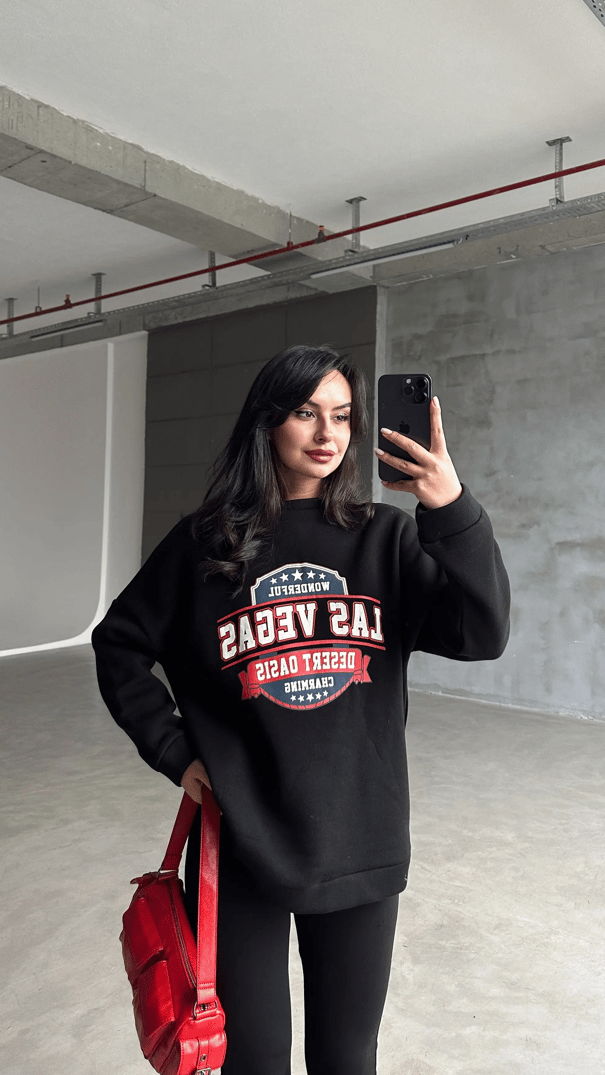 Las Vegas Üç İplik Oversize Sweat Siyah - Siyah