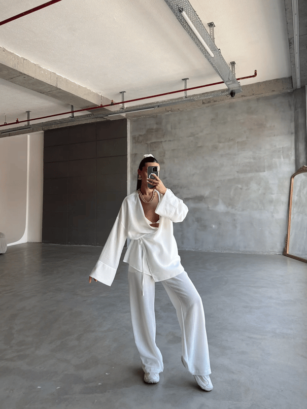 Belden Bağlamalı Keten Kimono Takım - Beyaz