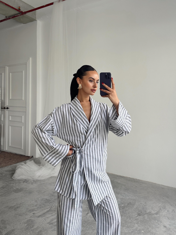 Çizgili Kimono Takım - Füme