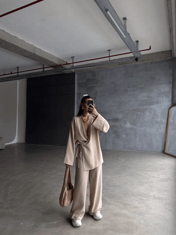 Belden Bağlamalı Keten Kimono Takım - Vizon