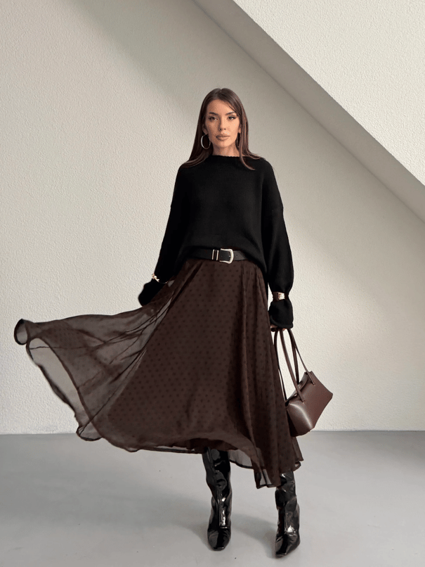 Puantiye Desenli Tül Etek - Kahve