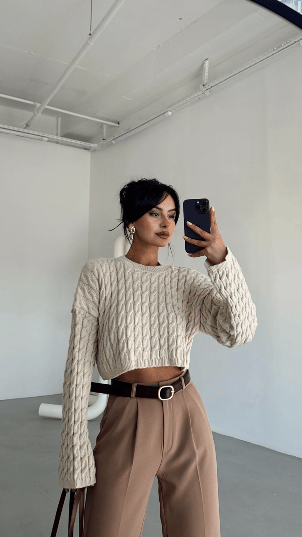 Saç Örgü Triko Crop Kazak Krem - Krem