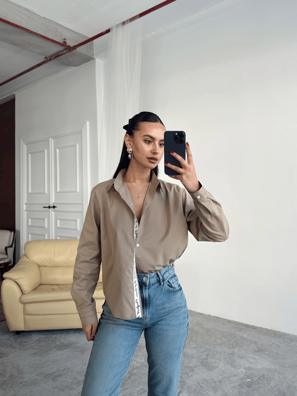 Kol Ve Pat Şerit Crop Gömlek - Camel