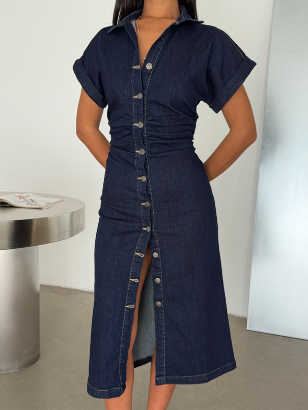 Düğme Detaylı Denim Elbise  - Lacivert