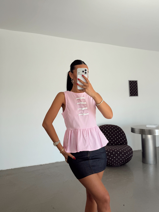 Düğüm Detaylı Sıfır Kol Bluz - Pembe