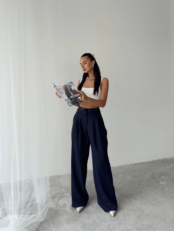 Kemeri Dantel Detaylı Palazzo Pantolon  - Lacivert