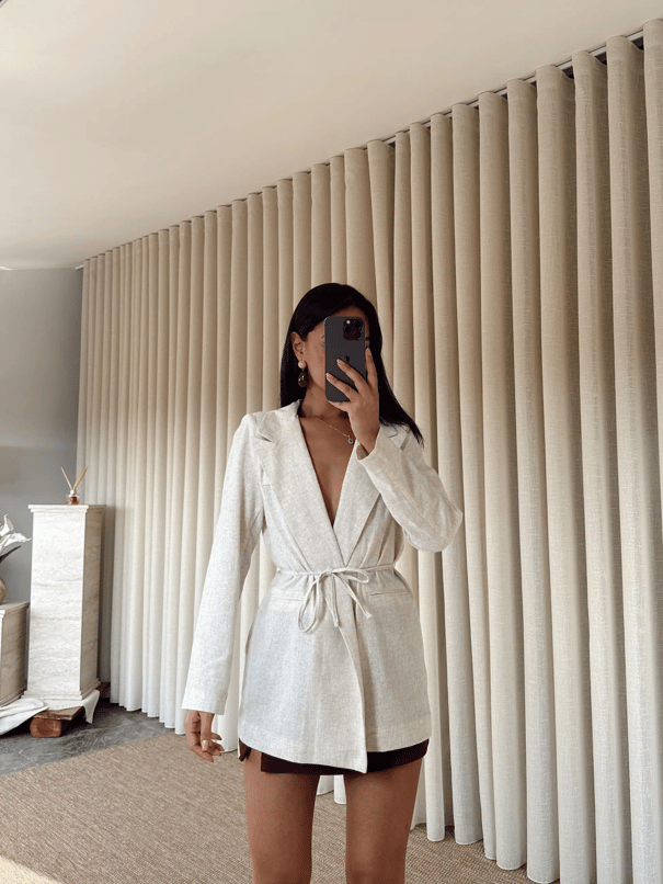 Keten Bağlamalı Blazer Ceket - Ekru