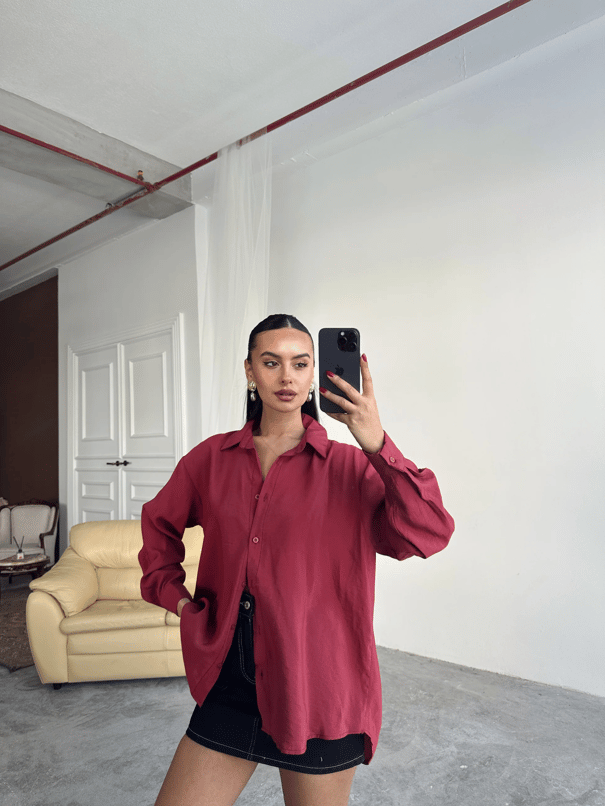 Oversize Modal Gömlek - Bordo