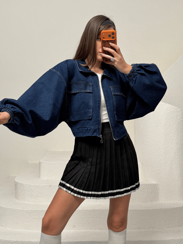 Kapak Cepli Balon Kol Denim Ceket - Lacivert
