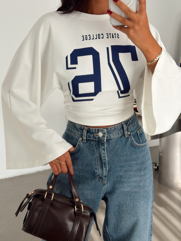 State College Baskılı Sweatshırt - Beyaz