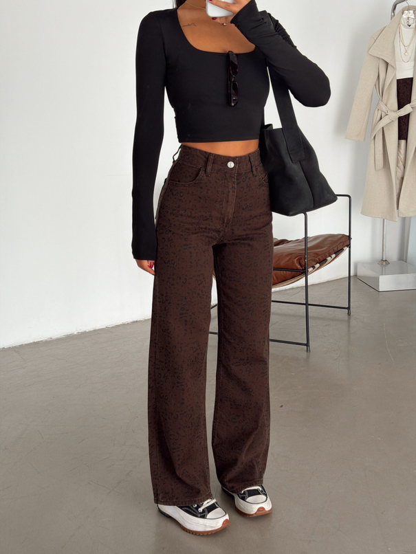 Desenli Jean Palazzo - Kahve Leopar