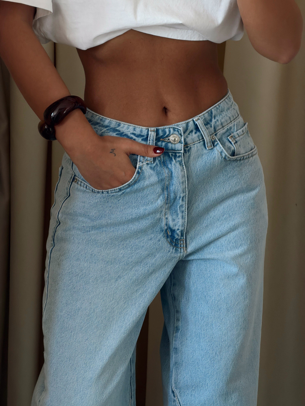 Paça Çift Pensli Boyfriend Jean - Buz Mavi
