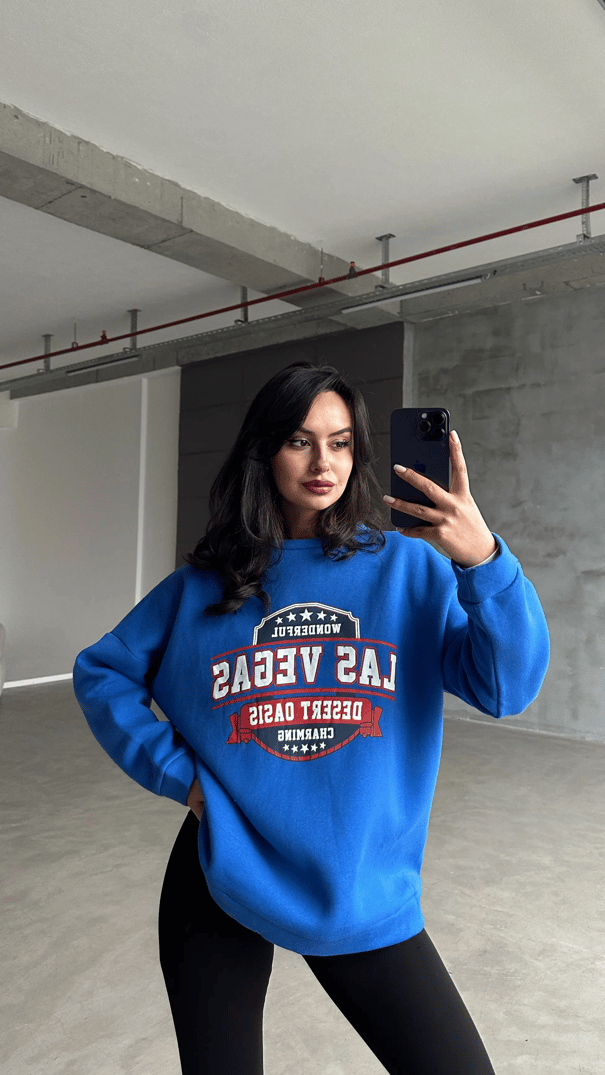 Las Vegas Üç İplik Oversize Sweat Saks Mavi - Mavi